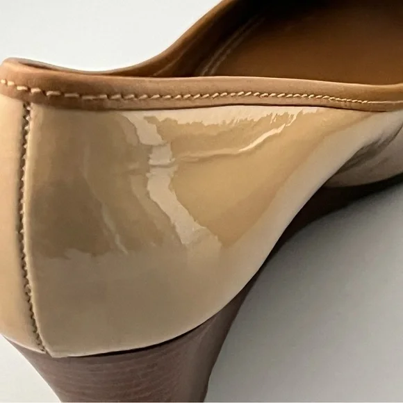 Tory Burch Louisa 7.5 Wedge Wrapped Heels Tan Brown Patent Leather Pump Shoes - Picture 12 of 14